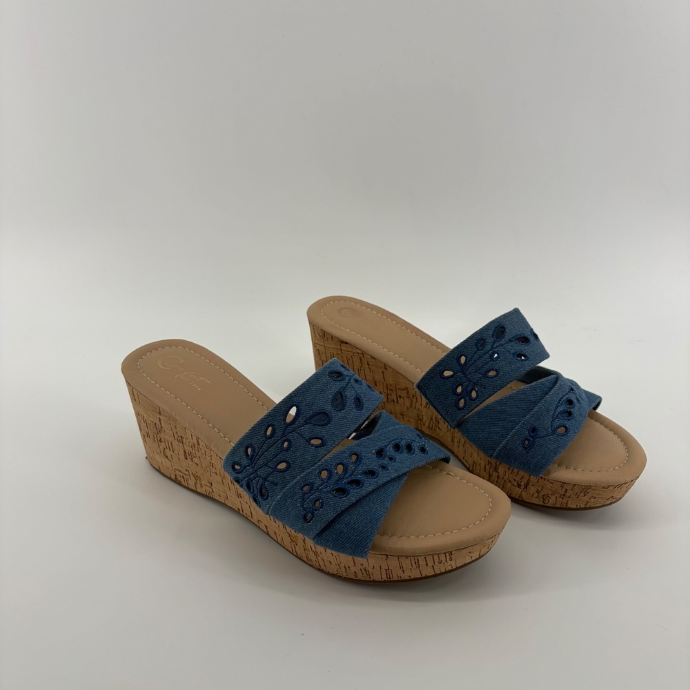 Comfort Est. 1946 Womens 11 Blue Wedge Sandals Eyelet Denim Cork Slide 45560375